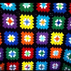 Crocheted 38 Inch Granny Square Baby Blanket Fun Bright Colors black trim unique
